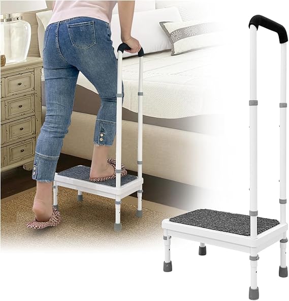 Step Stool with Handle for Elderly Medical Step Stools Seniors Handicap High Beds Mobility Platform Steel Foot Steps with Handrails Ramp Assist for Car, Bedside, Shower, Bathtub (400 LBS) (Gray, 45cm)