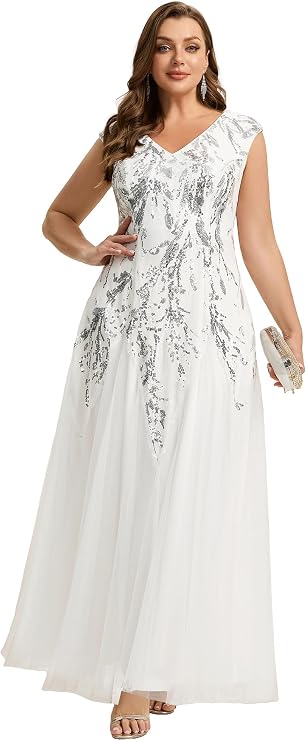 Ever-Pretty Plus Women's Maxi Sequin Plus Size Formal Dresses Evening Gown | V-Neck, Sleeveless, High Stretch, Plus Size Formal Wedding Guest Dress Mother of the Bride Dresses