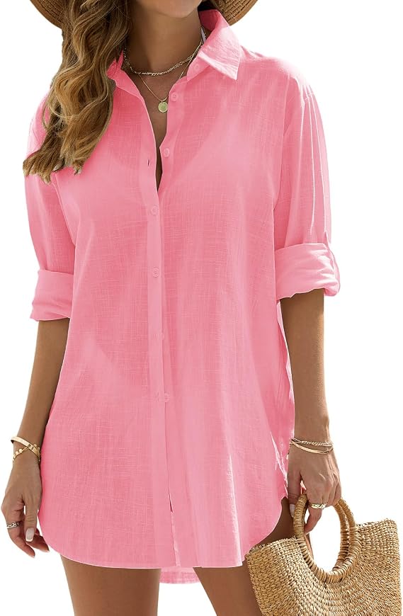 UMIPUBO Swimsuit Coverup for Women Bathing Suit Cover Ups V Neck Button Down Beach Shirt Dress Bikini Swimwear Cover up