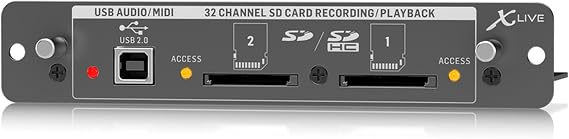 Optional card for Behringer X32 SD/SDHD card can be recorded directly Multi-channel WAV file storage Can be deployed with DAW 32in/32out USB audio interface 32bit 44.1kHz/48kHz processing X-LIVE Black