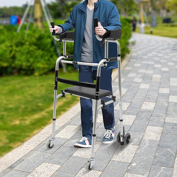 Upright Rollator Mobility Walker Folding Upright Walker with Arm Support, Wheels, Seat Plate, Height Adjustable, Walking Frame Elderly Rolling Mobile Walking Aid Seniors Standing Rehabilitation Stand