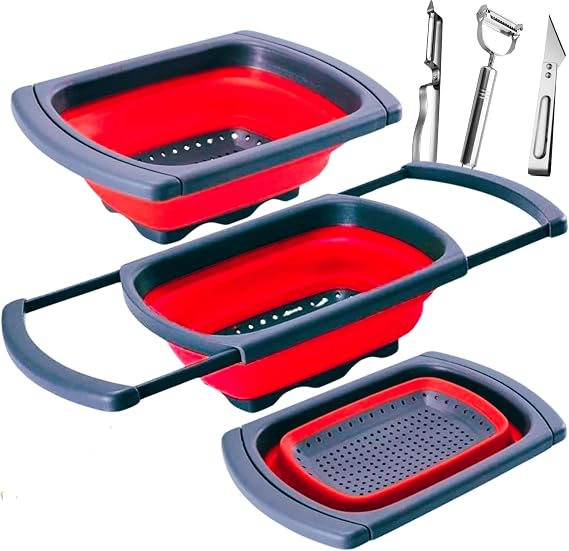 Collapsible Silicone Colander Space-Saving Foldable Strainer for Pasta, Vegetables & Fruits Large 6 Qt Kitchen Strainer, Heat-Resistant, BPA-Free & Dishwasher Safe |RED
