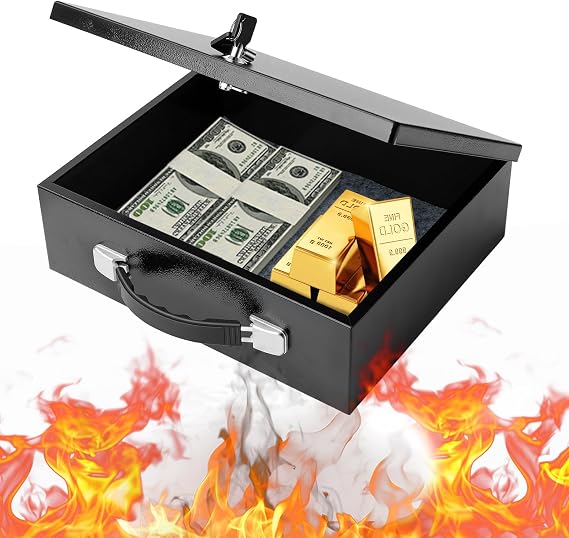 Fireproof Document Box with Key Lock, Fireproof Lock box Portable, Metal Fire Resistant Home Safe Box for Documents, Jewelry, Cash, Tablets and Personal Items, 12.8" x 8.5" x 4.13"