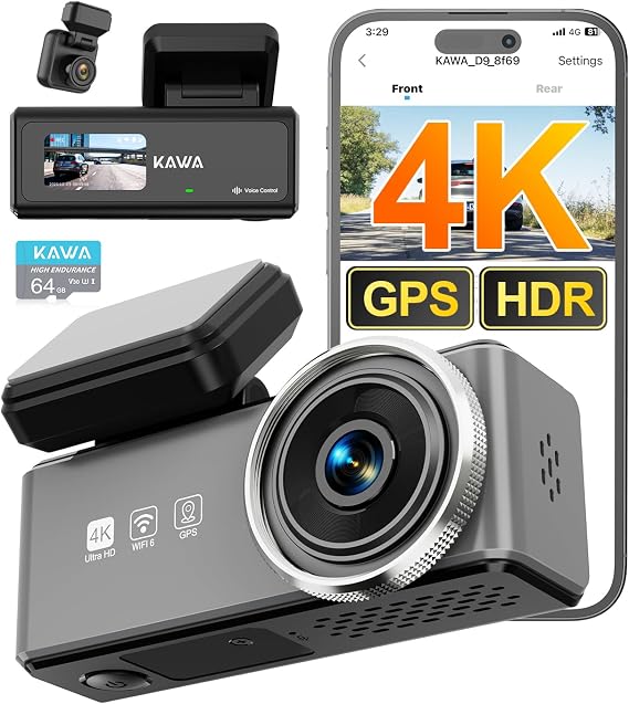 KAWA New 2 Channel Dash Cam, 4K+1080P Dashcam for Cars,Voice Control, GPS, CPL, 2K HDR and NightEagle Engine, Parking Mode, Wi-Fi 7, Front and Rear Dual Channel