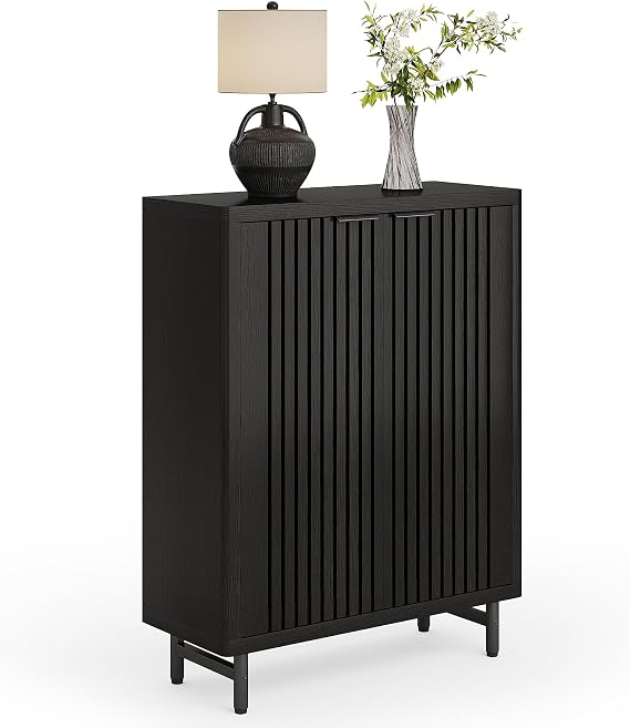 LITTLE TREE 6-Tier Shoe Cabinet with Doors for Up to 24 Pairs, Large Wooden Shoe Storage Cabinet with Adjustable Shelves, Black Freestanding Shoe Organizer Cabinet for Entryway, Hallway