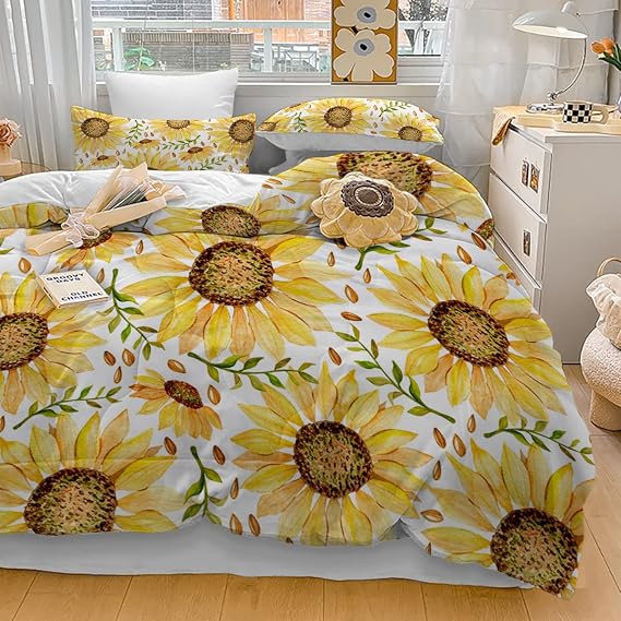 Yellow Sunflower Floral Comforter Set - Queen Size Luxury Soft Comforter and 2 Pillow Shams