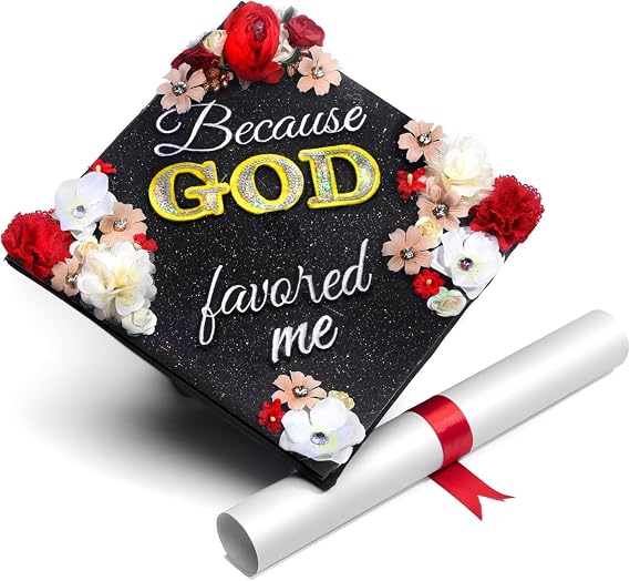 GRADWYSE Once Upon A Time Handmade Graduation Cap Topper Graduation Gifts Graduation Cap Decorations, Because God Favored Me Black