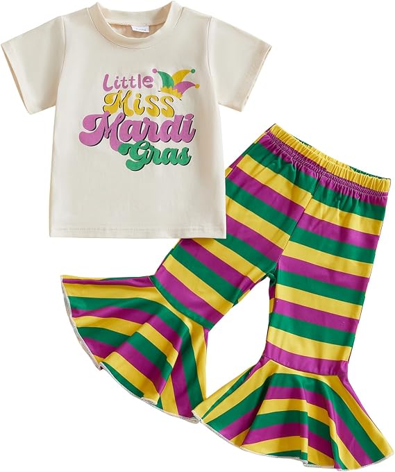 GOOCHEER Toddler Baby Girl Mardi Gras Outfit Little Miss Mardi Gras Short Sleeve T Shirt and Striped Flared Pants