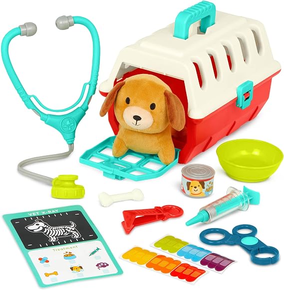 Battat Mini Vet Playset, Puppy Care Vet Kit with Plush Dog Carrier | 11-piece veterinarian playset with plush puppy, pet carrier, checklist, stickers, stethoscope, bowl, bone and tools, 2+ Years
