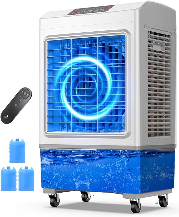 Large Swamp Cooler Air Conditioner, 3 Speeds&3 Ice Boxes, Portable Cooling Fan for Garage Outdoor Indoor Large