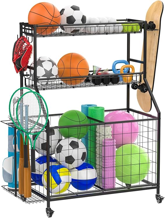 Sports Equipment Garage Organizer, Heavy Duty Garage Organization Ball Storage Rack with Basket, Hooks and Rolling Cart for Sports Gear and Toy Storage, Indoor Outdoor Use, Black