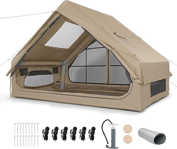 Outvita Inflatable Tents, Easy Setup Blow Up Tent with Pump, Waterproof Oxford Inflatable House for Camping, Air Glamping Tent with Stove Jack, Mesh Windows, Storage Bag