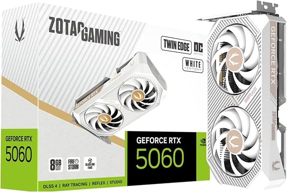 ZOTAC GeForce RTX 5060 Twin Edge OC White Edition Graphics Card, NVIDIA, 8GB GDDR7, DLSS 4, 3 DisplayPort 2.1b & HDMI 2.1b, PCIE 5.0 (ZT-B50600Q-10M)