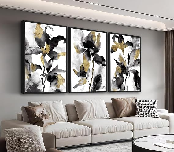Large Framed Abstract Wall Art, Watercolor Floral Decor, 16"x24" Set of 3