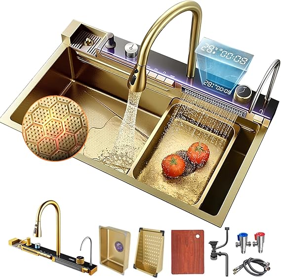 Kitchen Sink Deluxe Smart Waterfall Kitchen Sink Modern Multifunctional Stainless Steel Sink Utility Farmhouse Sink With integrated faucet, cup washer, soap dispenser included (Gold, 31.5 * 18in)