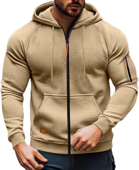 Mens Hoodies Pullover Zip up Winter Fleece Hood Jacket Casual Tactical Hoodies Long Sleeve Outdoor Sweatshirt with Pockets Khaki