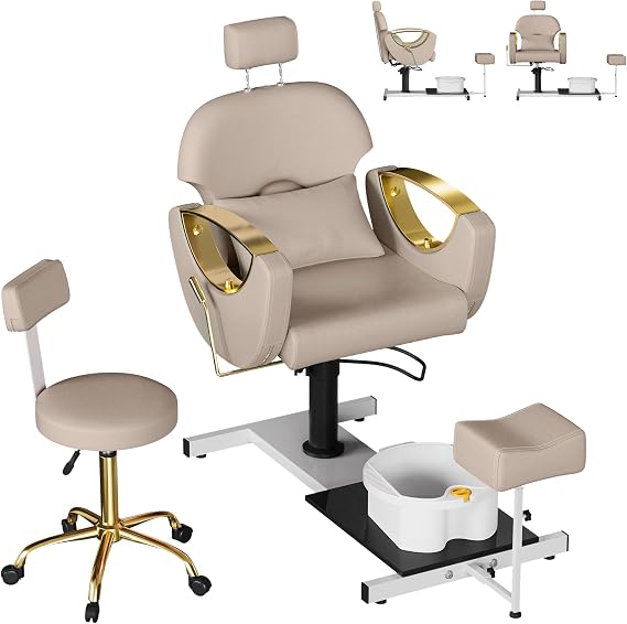KIGOTY Pedicure Chair No Plumbing w/Massage Basin,Pillow,360Swivel,Gray-G