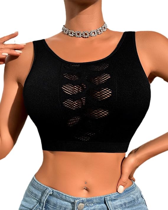 Fishnet Top for Women Sexy Crop Top for Women Y2K Mesh Going Out Tops Lingerie Black XS-L