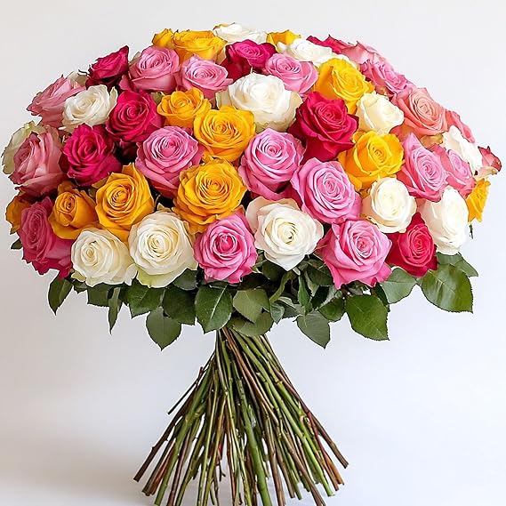 GlobalRose 100 Assorted Roses Bouquet - Responsibly Sourced Roses Fresh Flowers - Hand-Picked Flowers Fresh Bouquet for Valentine's Day, Birthday & Special Occasions (4 Bunches of 25 Stems)