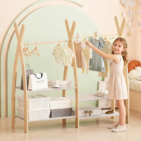 NACHES Small Kid Clothing Rack Wood Montessori Garment Rack for Toddler Baby Wardrobe Closet Compact Dress Up Storage Organizer Hanging Rod with Basket for Costume Princess Skirt Coat Bedroom Nursery