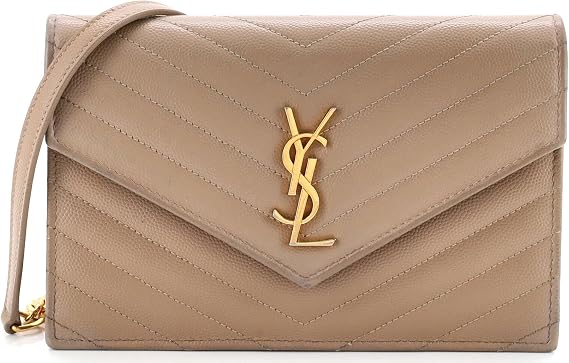 Saint Laurent, Pre-Loved Classic Monogram Wallet on Chain Matelasse Chevron Leather Small, Neutral