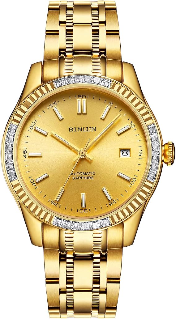 BINLUN Men's Automatic Gold Watches 18K Gold Plated Diamond Mechanical Watch Waterproof Stainless Steel Skeleton Wrist Watch for Men