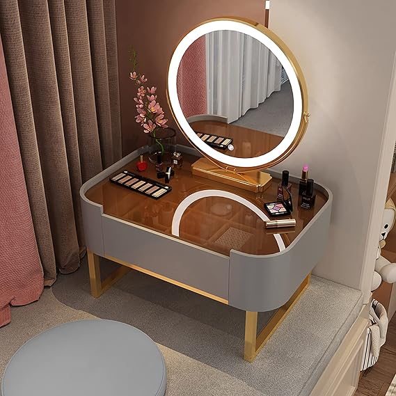 Make Up Set with Dimmer LED Mirror, Vanity Table Stool Set with Storage Cabinet Drawers, Morden Home Dresser, for Girls' Gift,Gray Glass Top-60cm