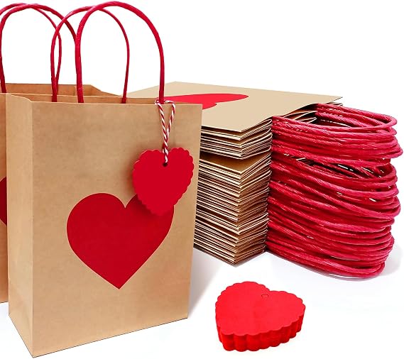Kidum 36 Pieces Valentines Day Gift Bags with Tags valentines Day Party Favor Bags with Handles Valentines Day Goodie Bag Heart Love Paper Bags for Wedding, Birthday, Baby Shower