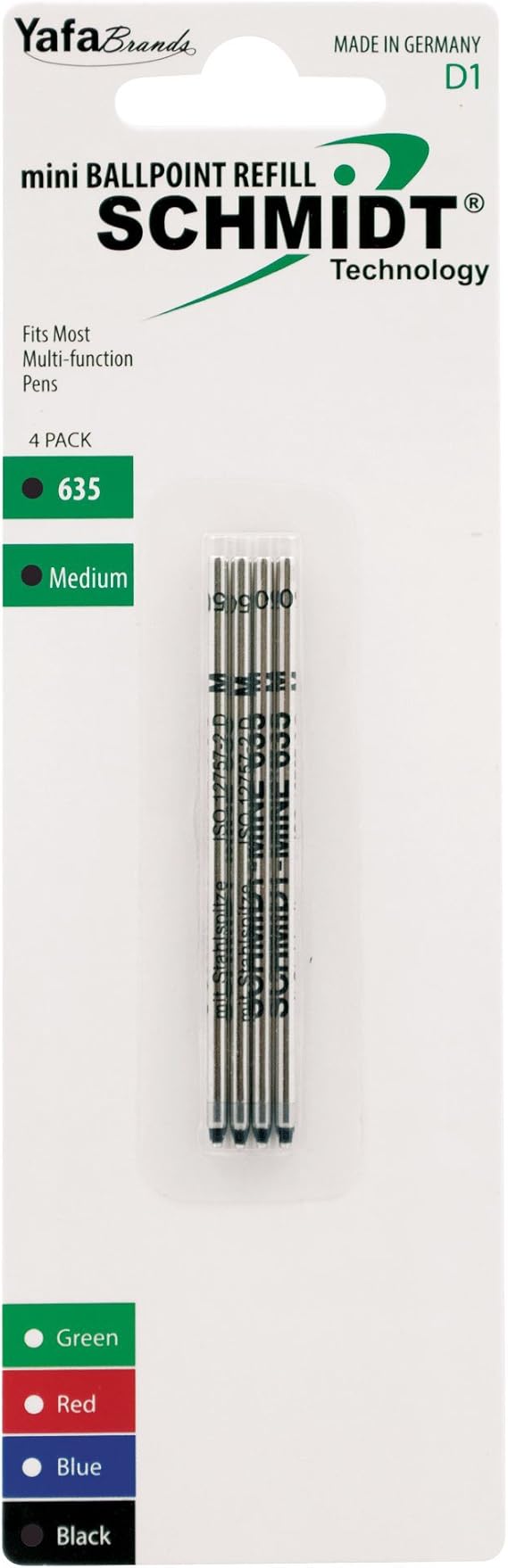 Schmidt 635 Mini D1 Ballpoint Refill Medium, 4 Pack, Black (SC58149) | D1 Standard Size for Multifunction & Mini Pens | Premium Stainless Steel Tip with TC Ball for Smooth Writing