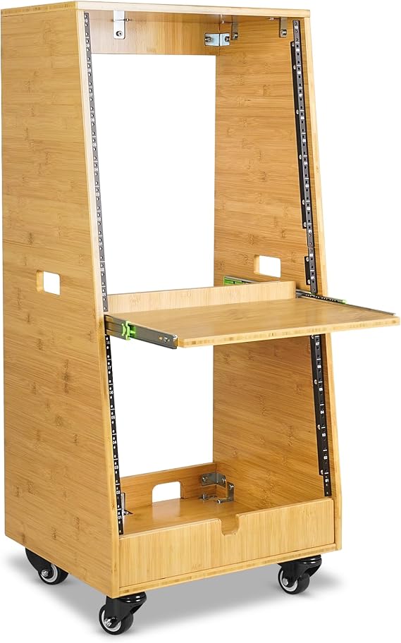 Sound Town DIY Solid Carbonized Bamboo Slanted 20U Studio Rack (12U Top + 8U Lower), with 2U Bottom Storage, Slide-Out Tray, Caster, For Recording Room, Home Studio (STBR-ST20T)
