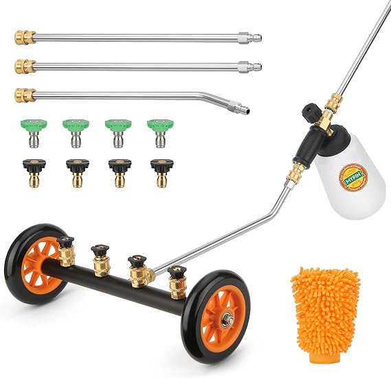 2-in-1 16 Undercarriage 4000 PSI Pressure Washer Water Broom with Bottle | Universal Car Pressure Washer with 8 Replaceable Nozzles/Foam Washer/Mitten, Surface Cleaner for Car Wash, Driveway, Sidewalk
