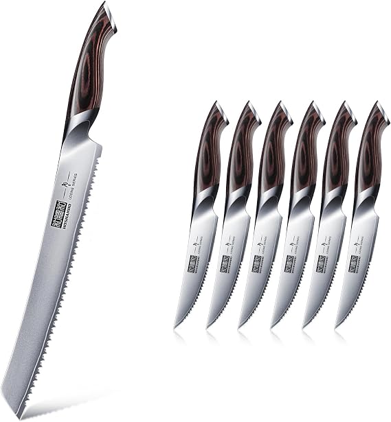 HOSHANHO 10 inch Japanese High Carbon Stainless Steel Serrated Bread Knife & Ultra Sharp 4.5 Inch Serrated Steak Knife Set