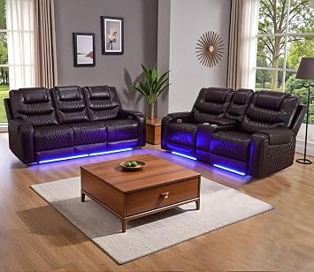 Power Recliner Sofa Set with LED Lights,Leather Recliner Sofa and Loveseat with Charge Port/Drop-Down Table/Cup Holder for Living Room/Office/Home Theater(Loveseat&Sofa 2Pcs,Dark Brown)