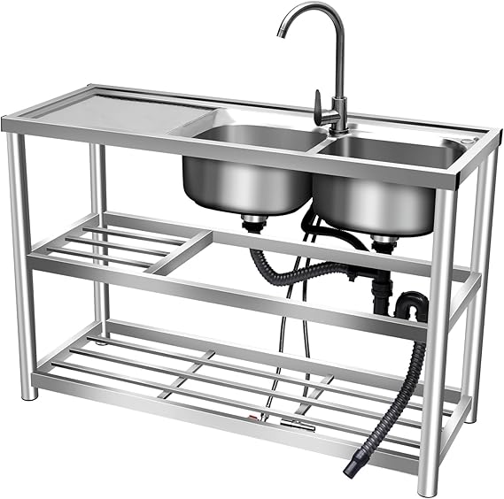Commercial Stainless Steel Kitchen Sink, 2 Compartment + Prep Table for Food Preparation - Multifunctional for Restaurants, Domestic Kitchens, Outdoor, Household