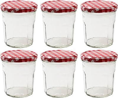 Nutleys 6 Pack Wide Mouth Glass Jars with Red Gingham Lids - 324ml 10oz
