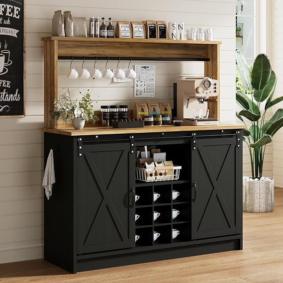 4ever2buy 47" Farmhouse Coffee Bar Cabinet with Storage Hutch, Black