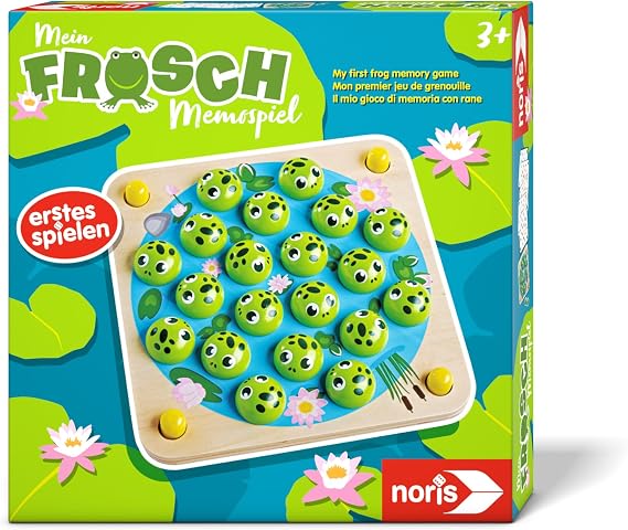 Noris 606012168 - My Frog Memo Game (Children's Game from 3 Years) - Memory Game with Wooden Game Board and Frogs and 10 Motif Cards, Toy for Toddlers and Children