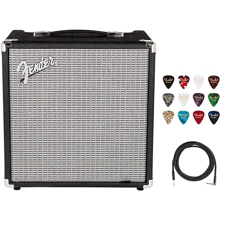 Fender Rumble 25 V3 Bass Amplifier Bundle with Classic Celluloid Guitar Picks (12-Pack) 10ft Pro Series Instrument Cable STR/ANG