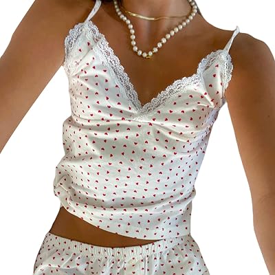 Aopwsrlyi Womens Cute Heart Pajama Set Sleeveless Lace V Neck Cami Top and Shorts Set 2 Piece Cotton Pajama Set Sleepwear