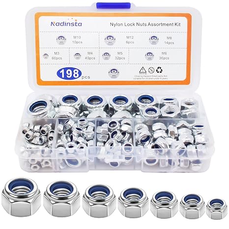 198Pcs Nylock Nuts M3 M4 M5 M6 M8 M10 M12, Carbon Steel Lock Nuts