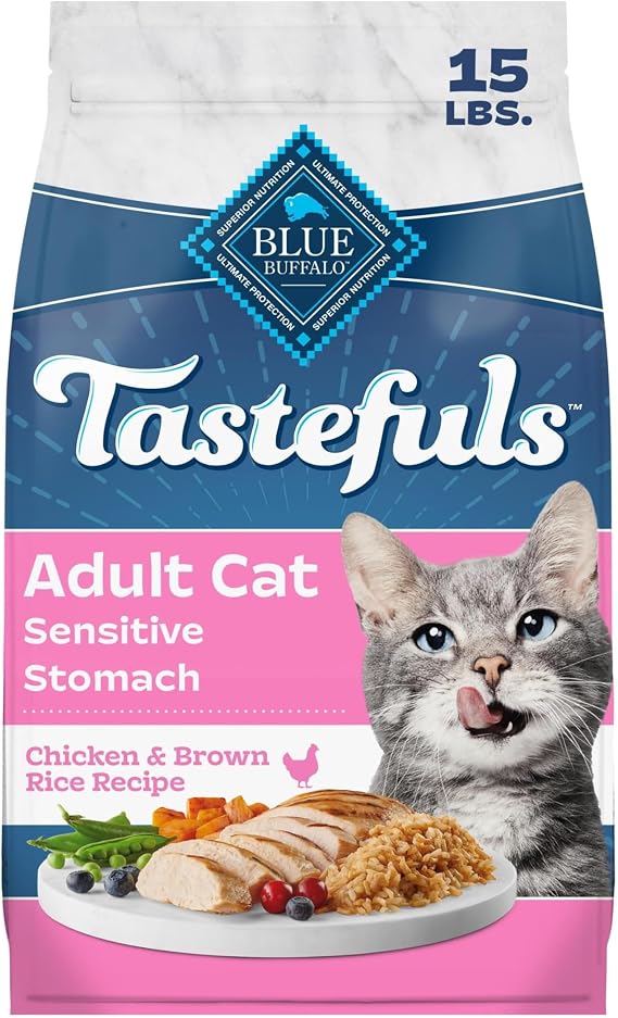 Blue Buffalo Tastefuls Chicken Adult Sensitive Stomach Dry Cat Food, 15 lb | Chicken & Brown Rice Recipe, Antioxidant-Rich LifeSource Bits, No Corn, Wheat, or Soy