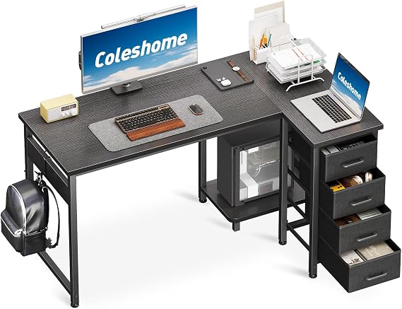 Coleshome Small Corner Desk with Drawers for Home Office, 120x70 cm, Black
