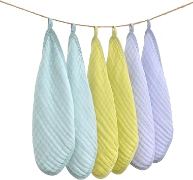 MUKIN Baby Washcloths, Soft Absorbent Cotton Burp Cloths, Burping Cloth for Newborn Sensitive Skin,12x12 inches, 6 Pack (Blue,Green,Purple)