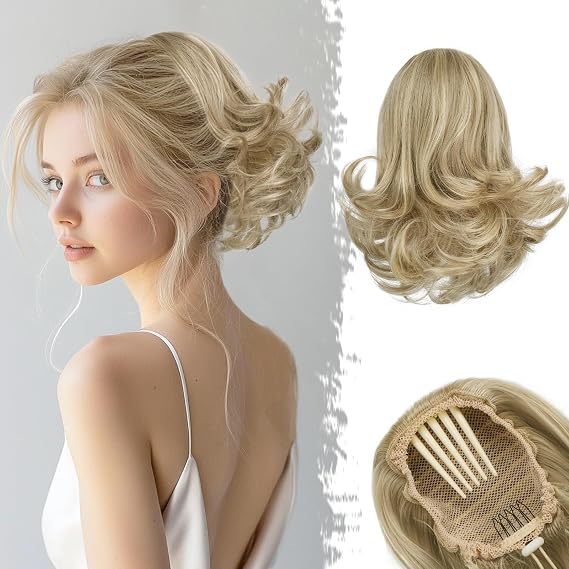 BARSDAR Short Blonde Wavy Drawstring Ponytail - 10 Inch Synthetic Comb Clip In Hair Extensions - Light Ash Blonde with Highlights