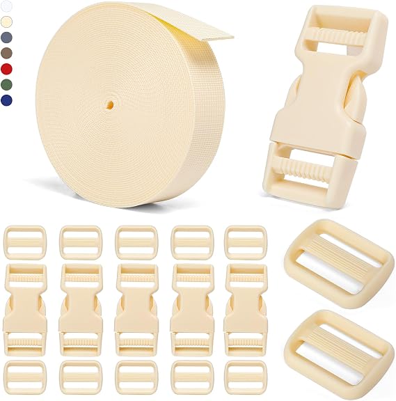 BEYOURD 1 inch Buckles and Strap Set: 10 yards Polyester Webbing Strapping, 6 pack Dual Adjustable Side Release Plastic Buckles, 12 PCS Tri-Glide Slider Clips for DIY Projects, Cream
