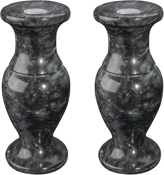 Natural Marble Cemetery Vase, Marble Flower Vases with Draining Holes for Home Tabletop, Cemetery Flowers, Memorial Grave Decorations (2Pcs, Black-9inches)