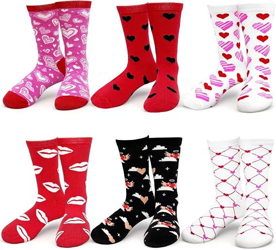 Anyumocz 6 Pairs Valentines Day Socks,Kiss and Heart Print Socks for Women,Funny Novelty Socks for Holiday Gifts Girls