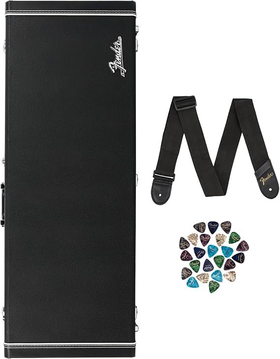 Fender Classic Series Wood Case for Jazzmaster/Jaguar - Black Bundle with Guitar Strap and Austin Bazaar Exclusive 24-Pack Picks