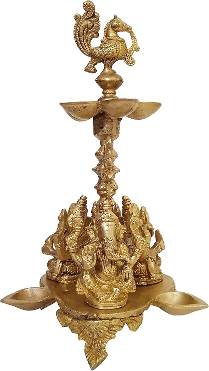 Purpledip Brass Oil Lamp Kuthu Vilakku: Antique Design Royal Deepam Diya with 3 Ganesha, Parrots & Peacock (12033A)