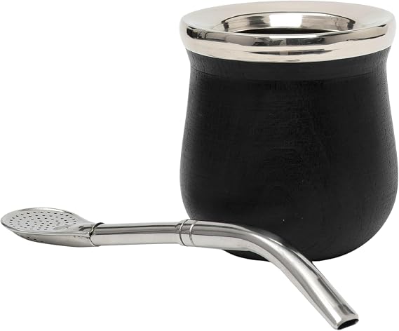 BALIBETOV Wooden Mate Gourd with Bombilla | Handmade Argentine Yerba Mate Cup | Alpaca Silver Rim | Black Wood | Cured Interior